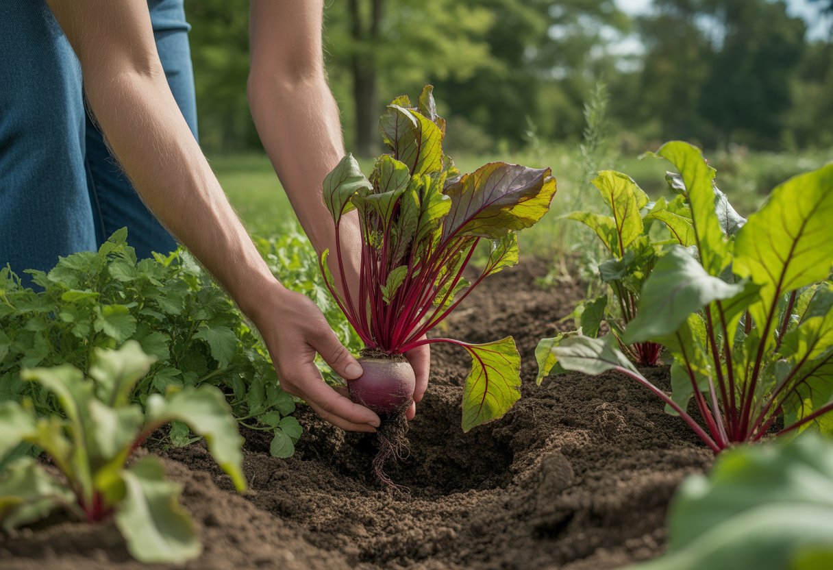 Hands planting native beet seedlings into soil in a garden with green plants in Pennsylvania.