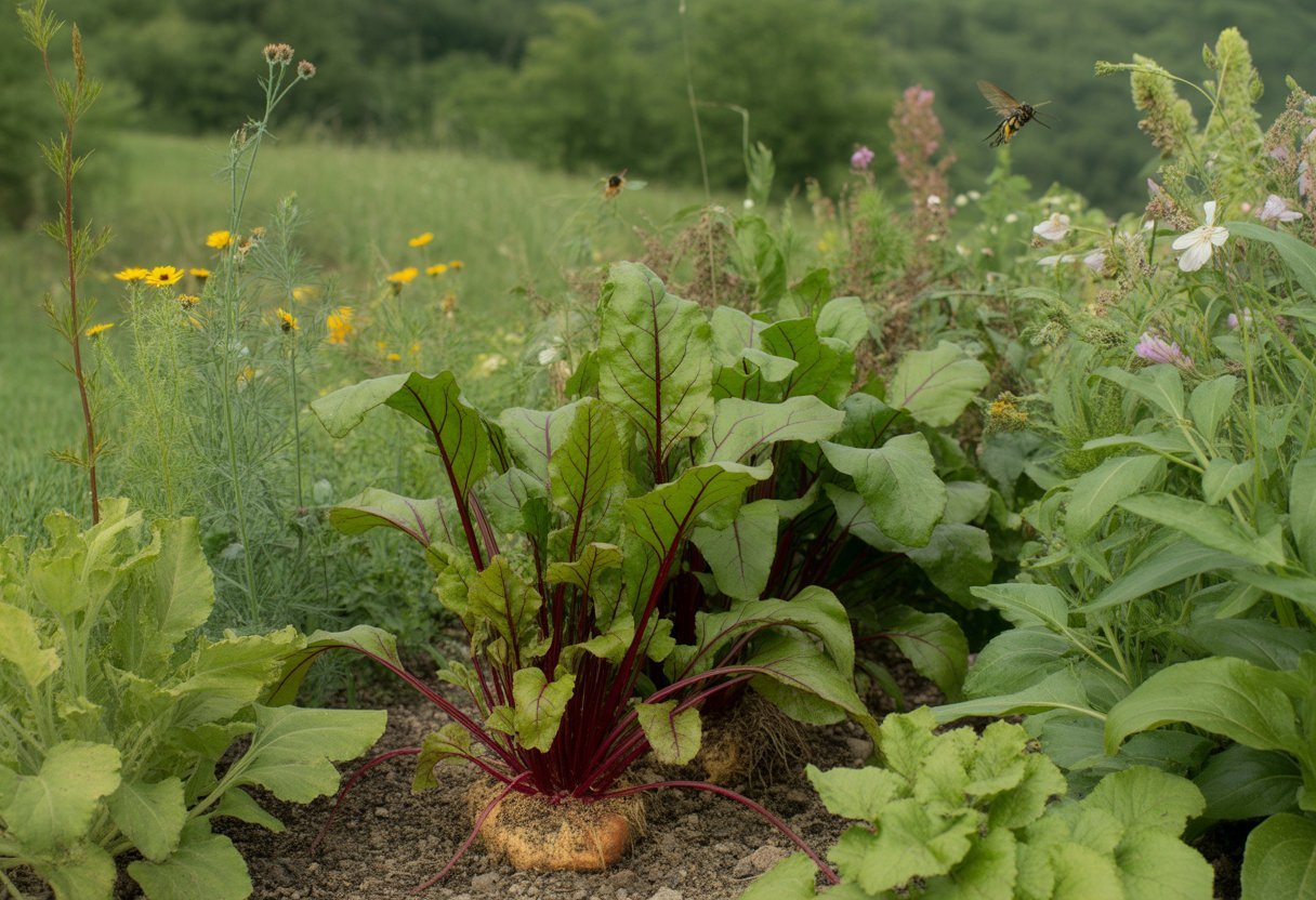 A garden bed with native beet plants and flowering plants attracting bees and butterflies in a Pennsylvania landscape.