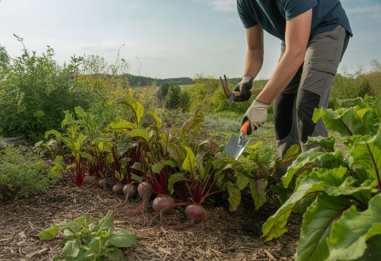 A gardener tending to a bed of native beet plants in a Pennsylvania garden with healthy leaves and visible beets in the soil.