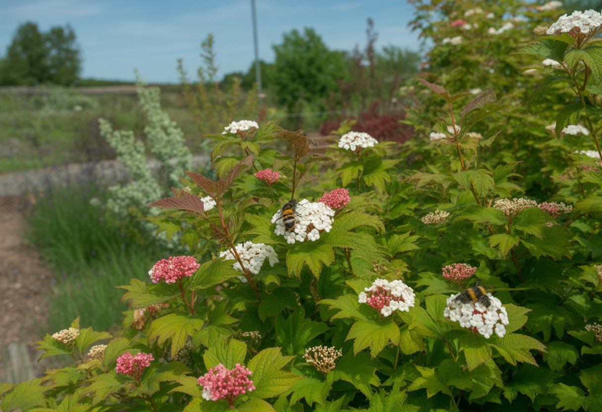 A garden with blooming native viburnum shrubs surrounded by pollinating bees and butterflies on a sunny day.