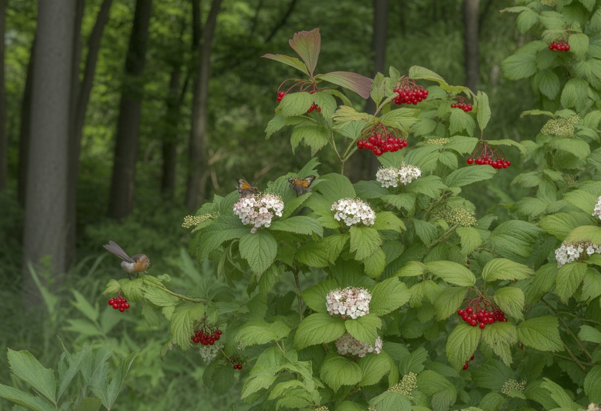 A garden with native Viburnum shrubs bearing white flowers and red berries, surrounded by greenery, with bees, butterflies, and a small bird nearby.