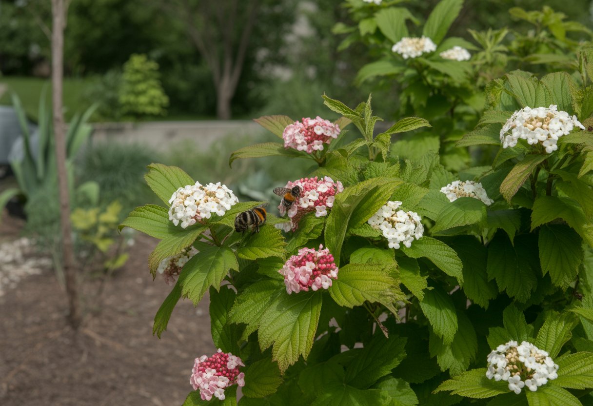 A garden with native viburnum plants blooming with white and pink flowers, surrounded by green leaves and insects like bees and butterflies.