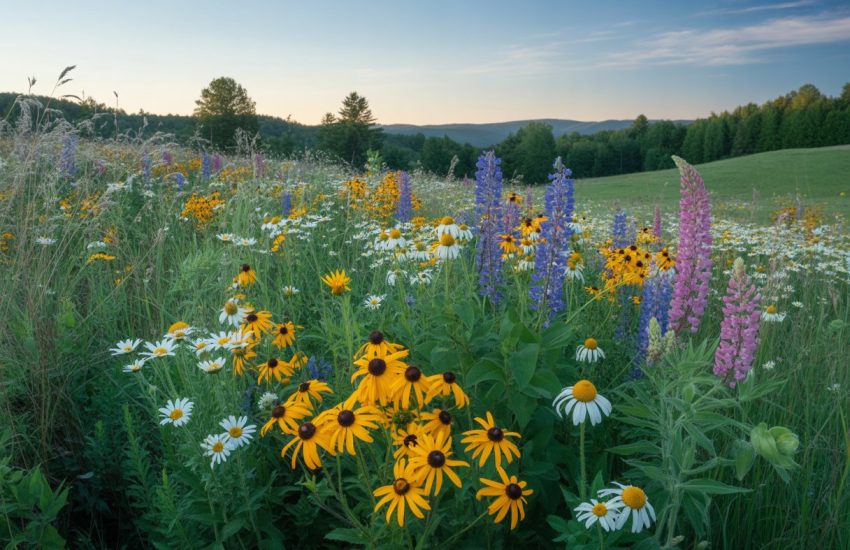 A colorful wildflower meadow with various flowers and green grasses under a clear blue sky, with rolling hills and forested areas in the background.