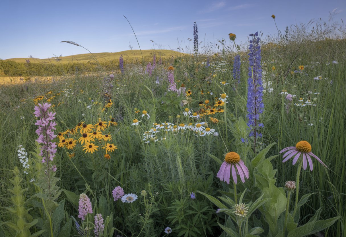 A colorful wildflower meadow with various blooming flowers and green plants in a Vermont countryside landscape.