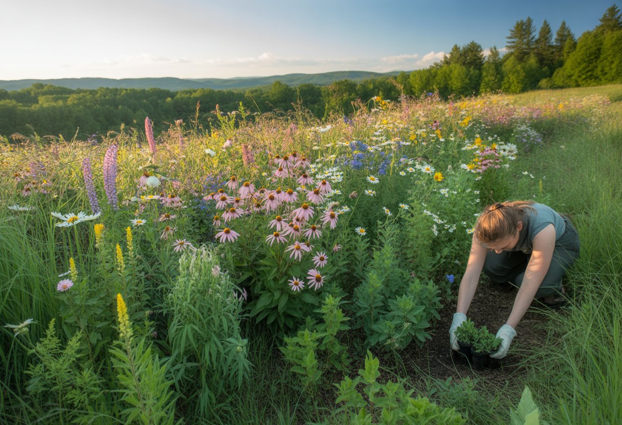 A person planting wildflowers in a colorful meadow with rolling hills and forests in the background.