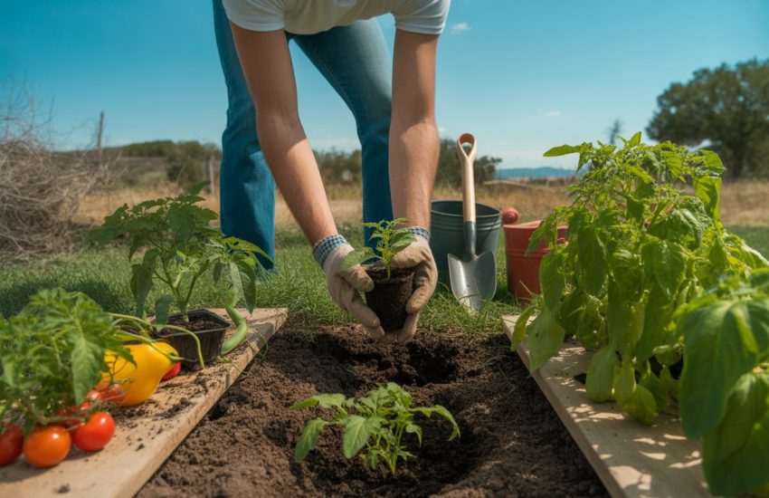 Hands planting vegetable seedlings in soil in a sunny Texas garden with healthy vegetable plants and gardening tools nearby.
