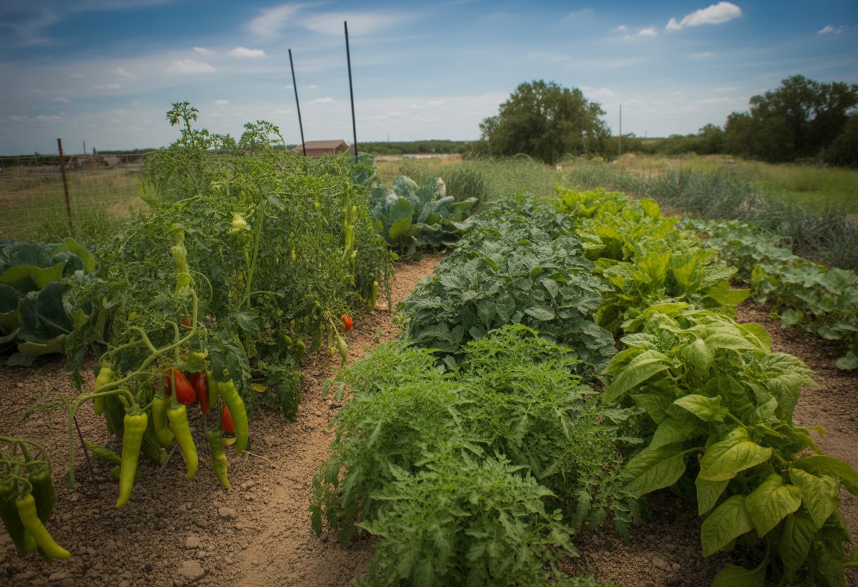 A vegetable garden in Texas with healthy tomato, pepper, and leafy green plants growing in rich soil under a sunny sky.