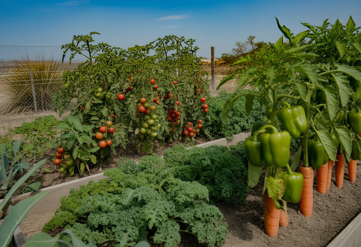 A thriving vegetable garden in Texas with tomato plants, kale, carrots, and bell peppers growing in neat rows under a clear blue sky.