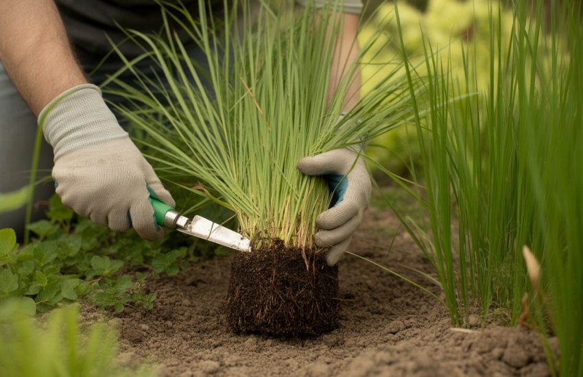 Close-up of hands dividing a sedge plant in a garden with green grass-like leaves and soil.