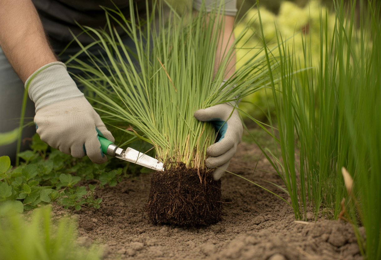 Close-up of hands dividing a sedge plant in a garden with green grass-like leaves and soil.