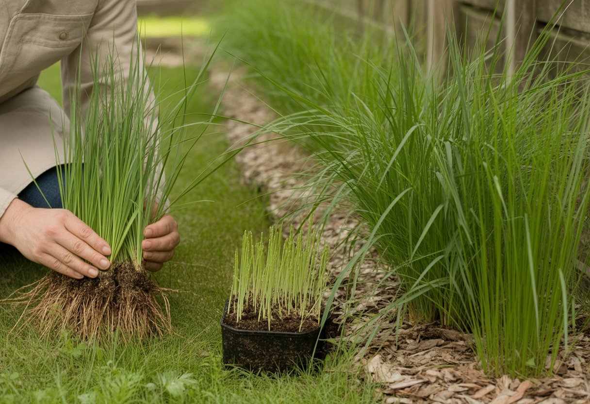 Hands dividing sedge plants and sedge seedlings growing in soil in a garden setting.