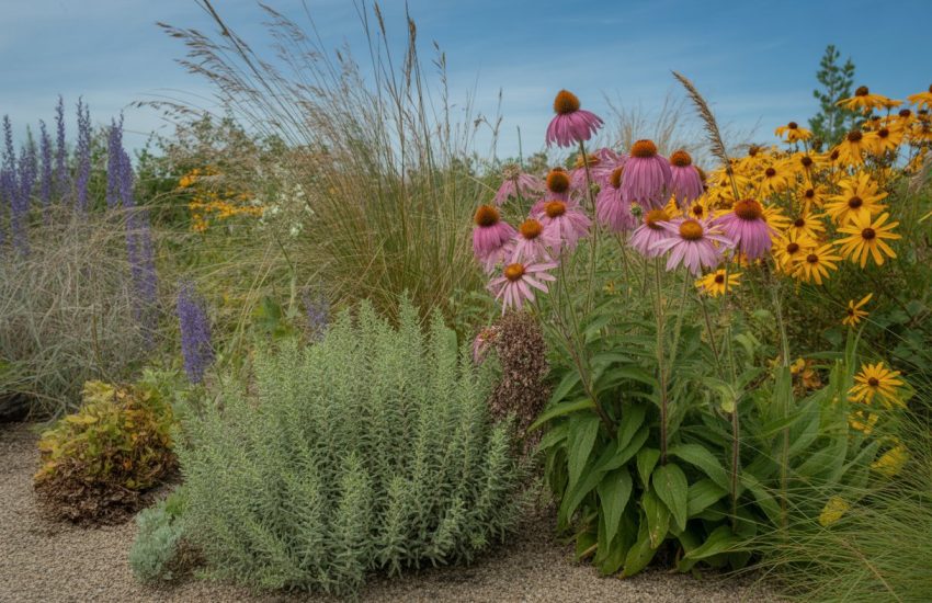 A garden with various drought-tolerant native plants from Michigan, including flowering perennials and grasses, growing in sunny, dry soil.