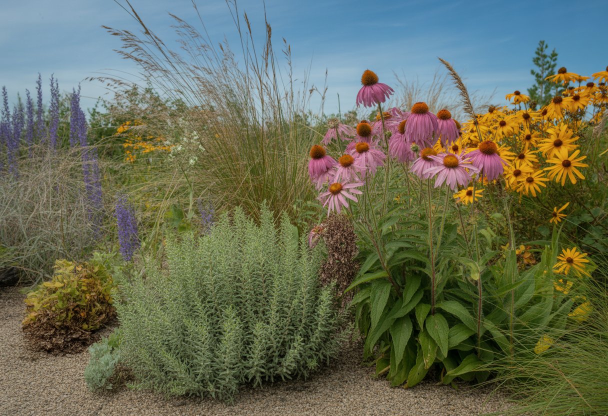 A garden with various drought-tolerant native plants from Michigan, including flowering perennials and grasses, growing in sunny, dry soil.