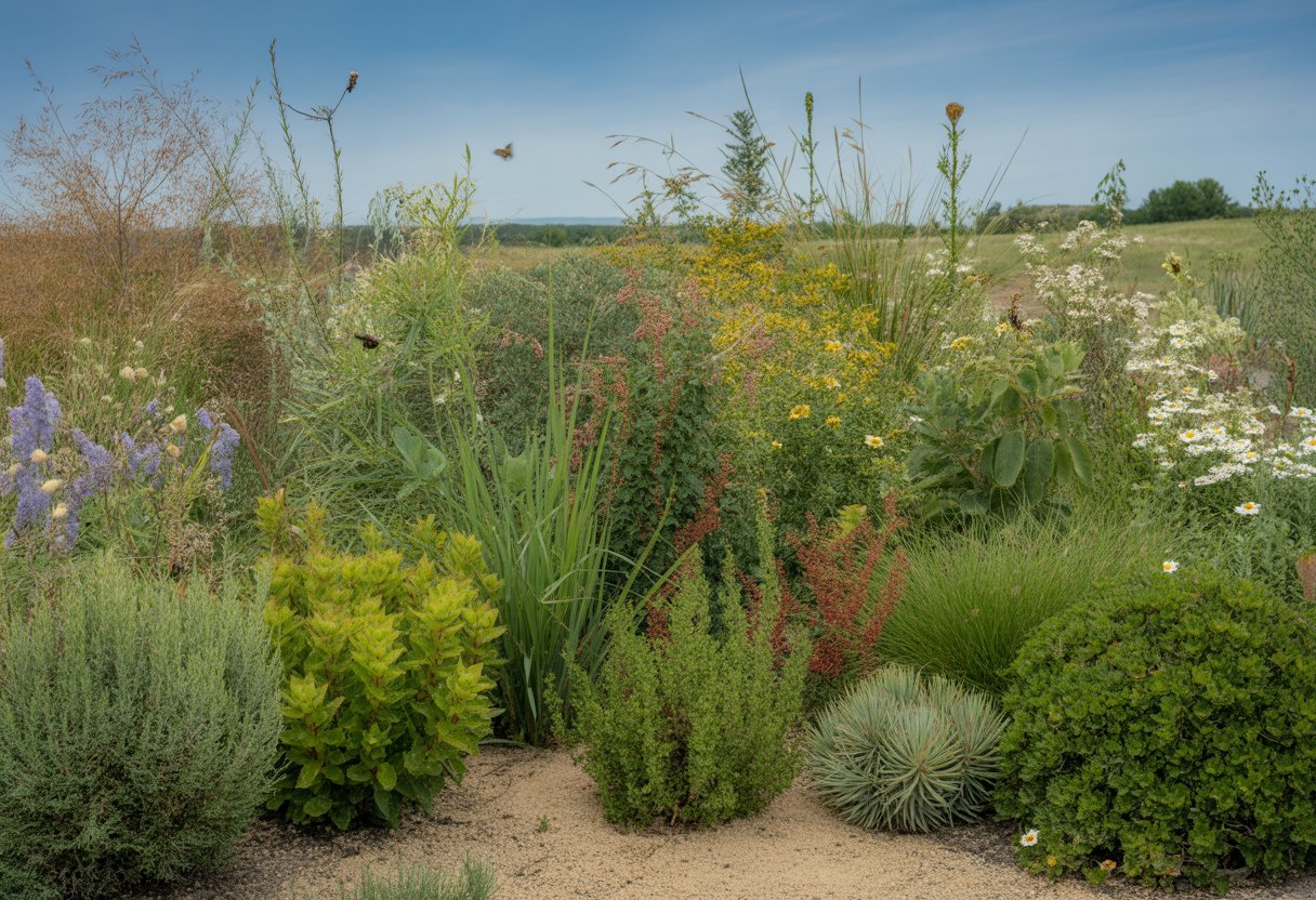 A garden of drought-tolerant native plants with green leaves and colorful flowers growing in dry soil under a clear blue sky in a Michigan landscape.