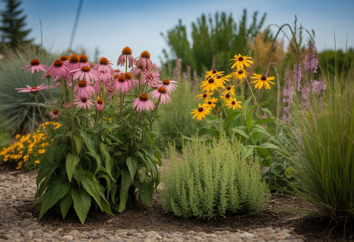 A garden bed with various green and flowering native plants typical to Michigan, including purple coneflowers and black-eyed Susans, under a clear sky.