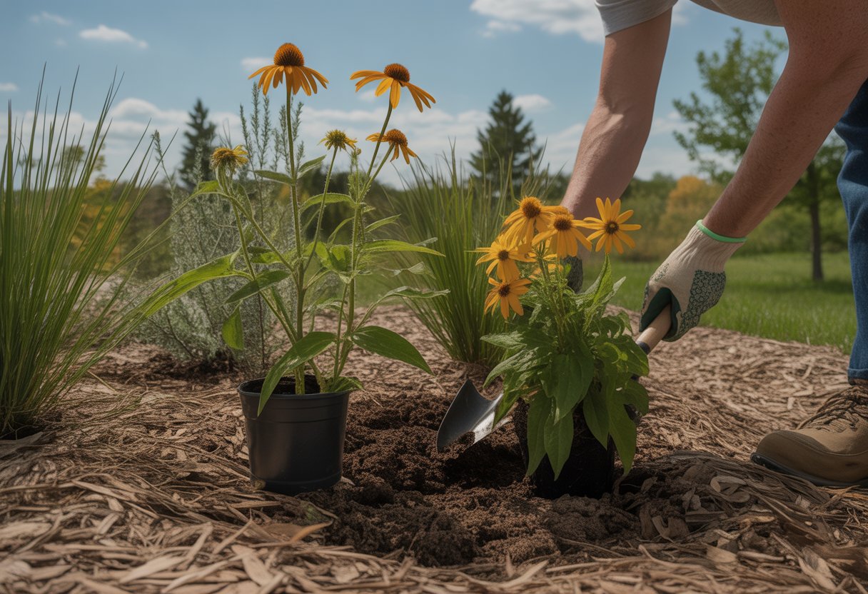 A person planting drought-tolerant native plants in a dry garden area with green plants and gardening tools.