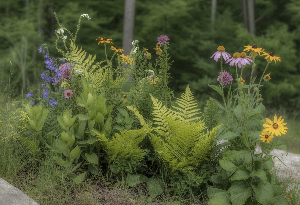 A close-up view of drought-tolerant Michigan wildflowers and ferns growing in a natural outdoor forest setting.