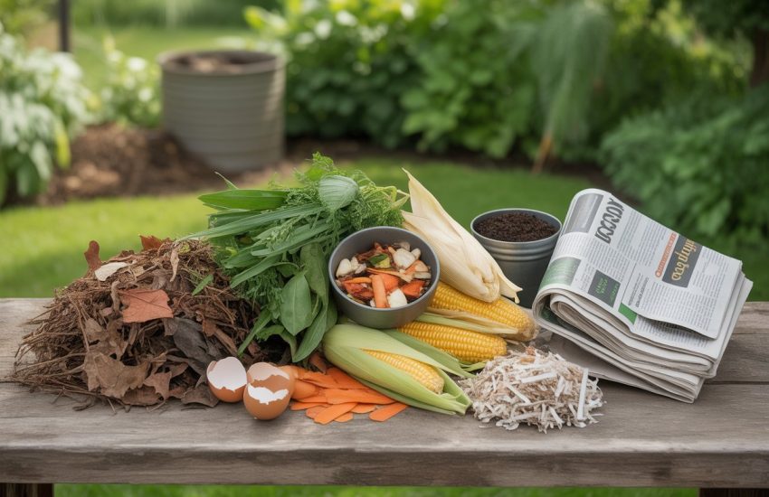 A variety of compost materials including dried leaves, vegetable scraps, coffee grounds, eggshells, and shredded newspaper arranged on a wooden table with a garden and compost bin in the background.