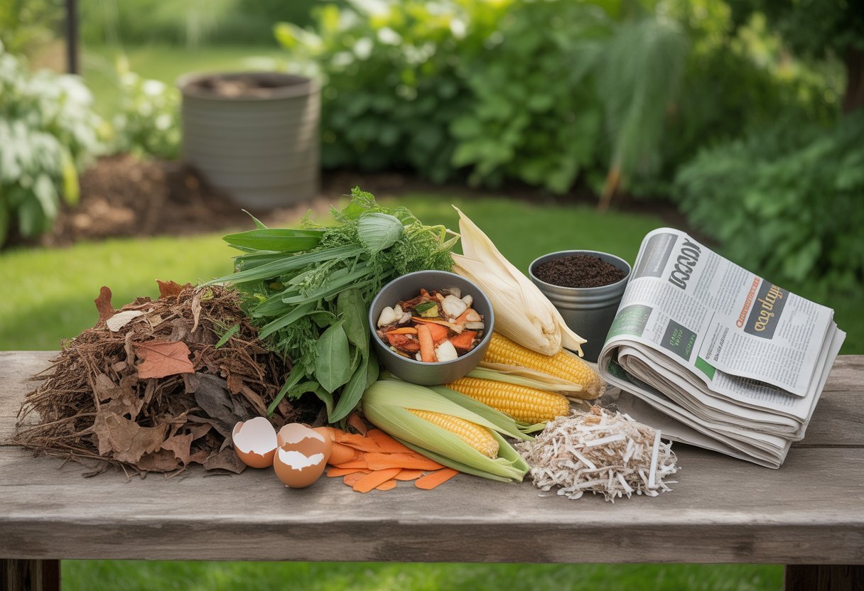 Best Compost Materials for Nebraska: Optimal Organic Choices for Local Gardens - PlantNative.org A variety of compost materials including dried leaves, vegetable scraps, coffee grounds, eggshells, and shredded newspaper arranged on a wooden table with a garden and compost bin in the background.