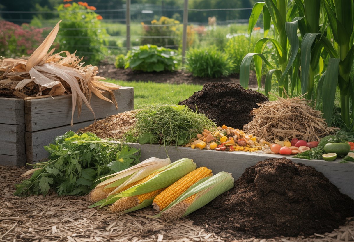 Best Compost Materials for Nebraska: Optimal Organic Choices for Local Gardens - PlantNative.org A garden scene with various compost materials like corn stalks, leaves, grass clippings, vegetable scraps, and manure arranged near garden beds with green plants.