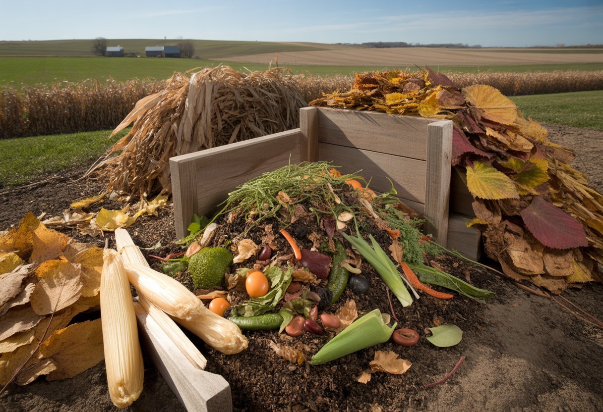 Best Compost Materials for Nebraska: Optimal Organic Choices for Local Gardens - PlantNative.org A backyard compost bin filled with organic materials like vegetable scraps, dried leaves, and grass clippings, set against a Nebraska landscape with rolling plains and farm buildings.