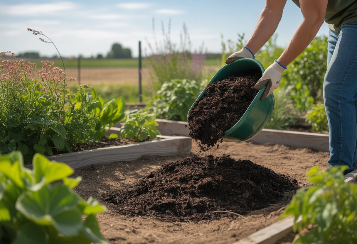 Best Compost Materials for Nebraska: Optimal Organic Choices for Local Gardens - PlantNative.org A gardener spreading dark compost around healthy plants in a lush Nebraska garden with fields and trees in the background.