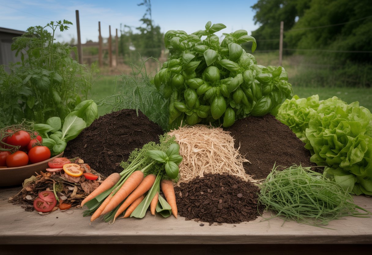 Best Compost Materials for Nebraska: Optimal Organic Choices for Local Gardens - PlantNative.org An outdoor scene with various compost materials like soil, leaves, vegetable scraps, coffee grounds, and grass clippings arranged on a wooden table, with vegetable and herb plants growing in the background.