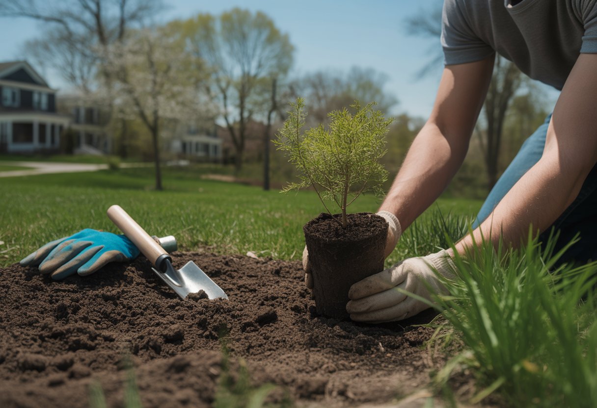 When to Plant Sassafras in New York Best Seasonal Guide for Successful Growth - PlantNative.org A person planting a young sassafras tree seedling in a garden bed with gardening tools nearby and a suburban neighborhood in the background during early spring.