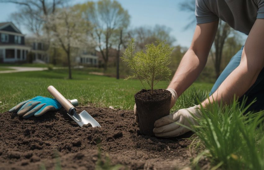 A person planting a young sassafras tree seedling in a garden bed with gardening tools nearby and a suburban neighborhood in the background during early spring.