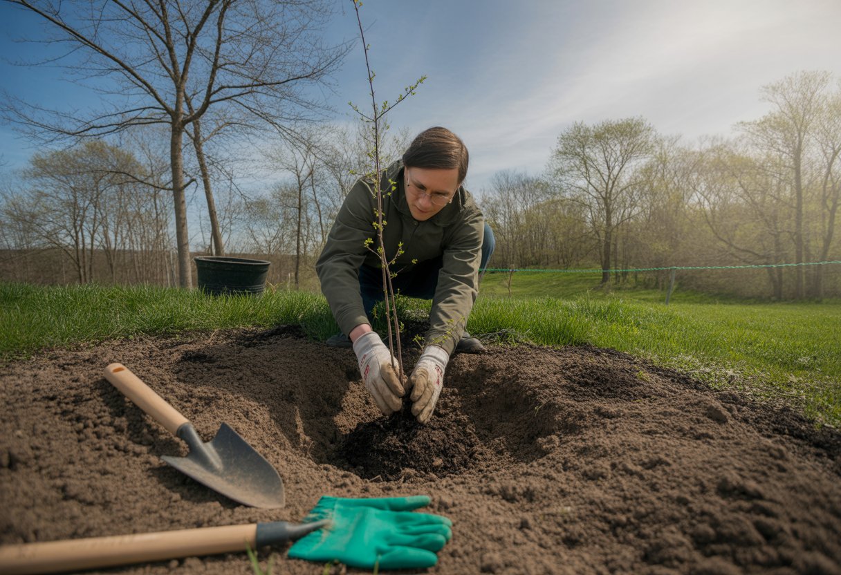 When to Plant Sassafras in New York Best Seasonal Guide for Successful Growth - PlantNative.org A person planting a young sassafras tree seedling in a garden bed with budding trees and clear sky in the background.