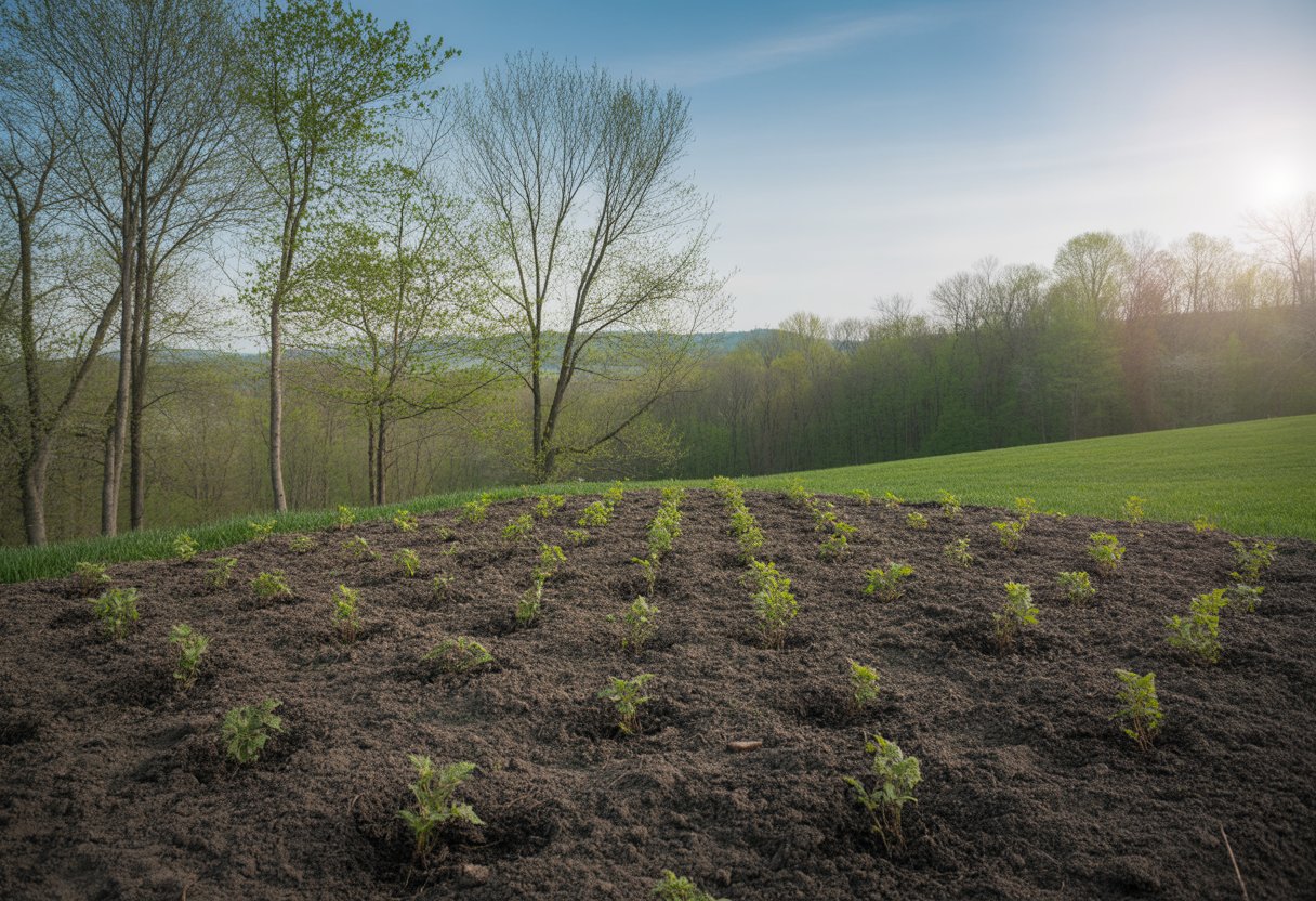 When to Plant Sassafras in New York Best Seasonal Guide for Successful Growth - PlantNative.org A garden plot with young sassafras seedlings growing in rich soil surrounded by trees and rolling hills under a clear sky.
