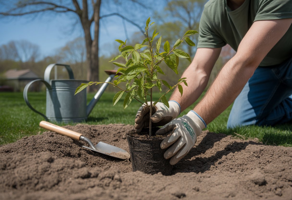 When to Plant Sassafras in New York Best Seasonal Guide for Successful Growth - PlantNative.org A person planting a young sassafras tree sapling in a garden with gardening tools and budding trees in the background.