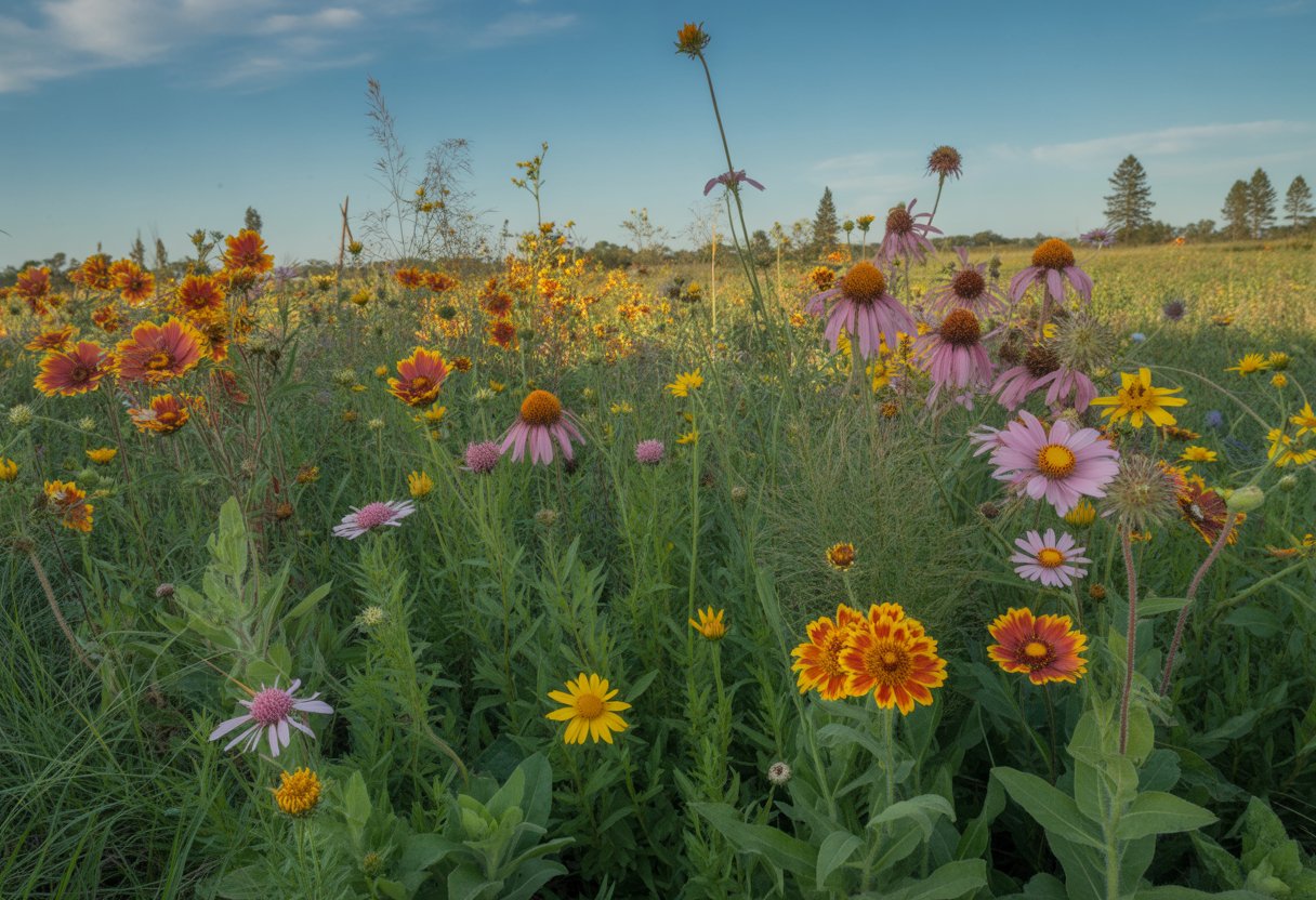 A colorful wildflower meadow in Florida with various blooming flowers and green grasses under a blue sky.