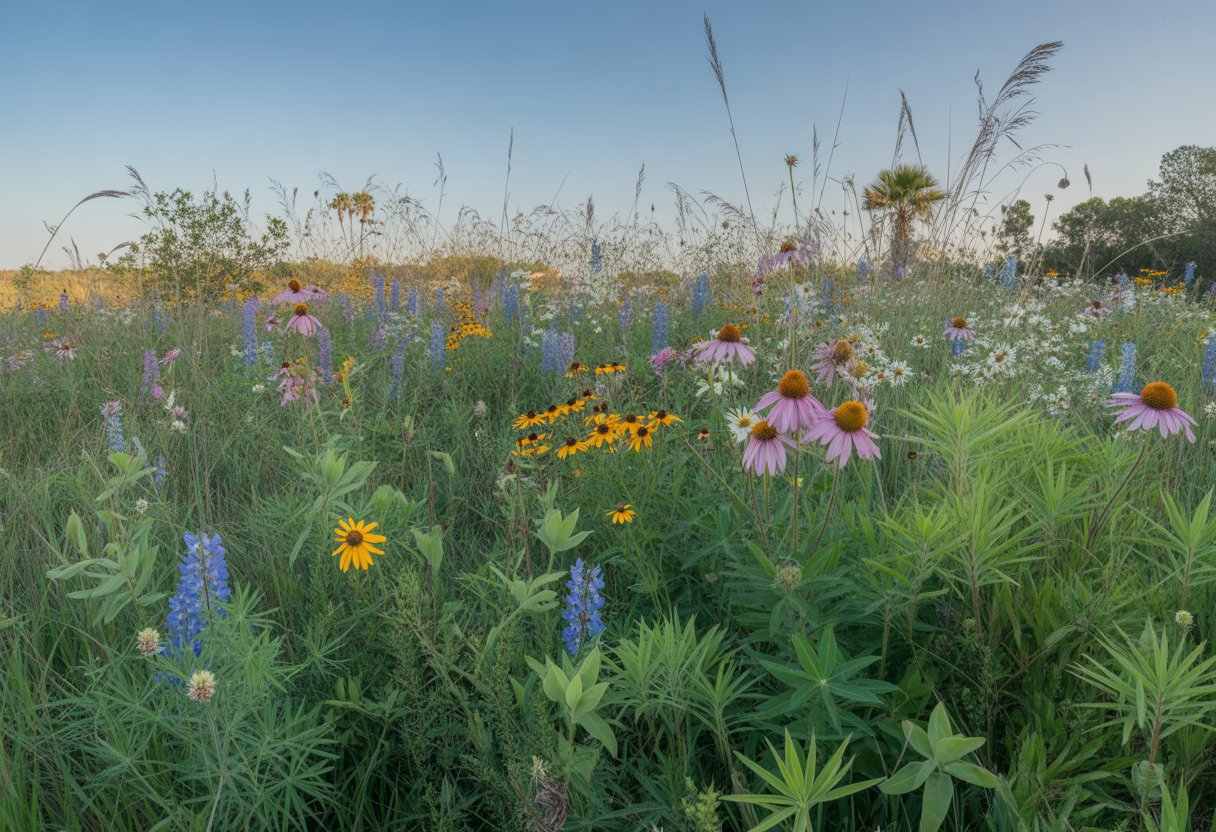 A colorful wildflower meadow with native Florida wildflowers and grasses under a clear blue sky.