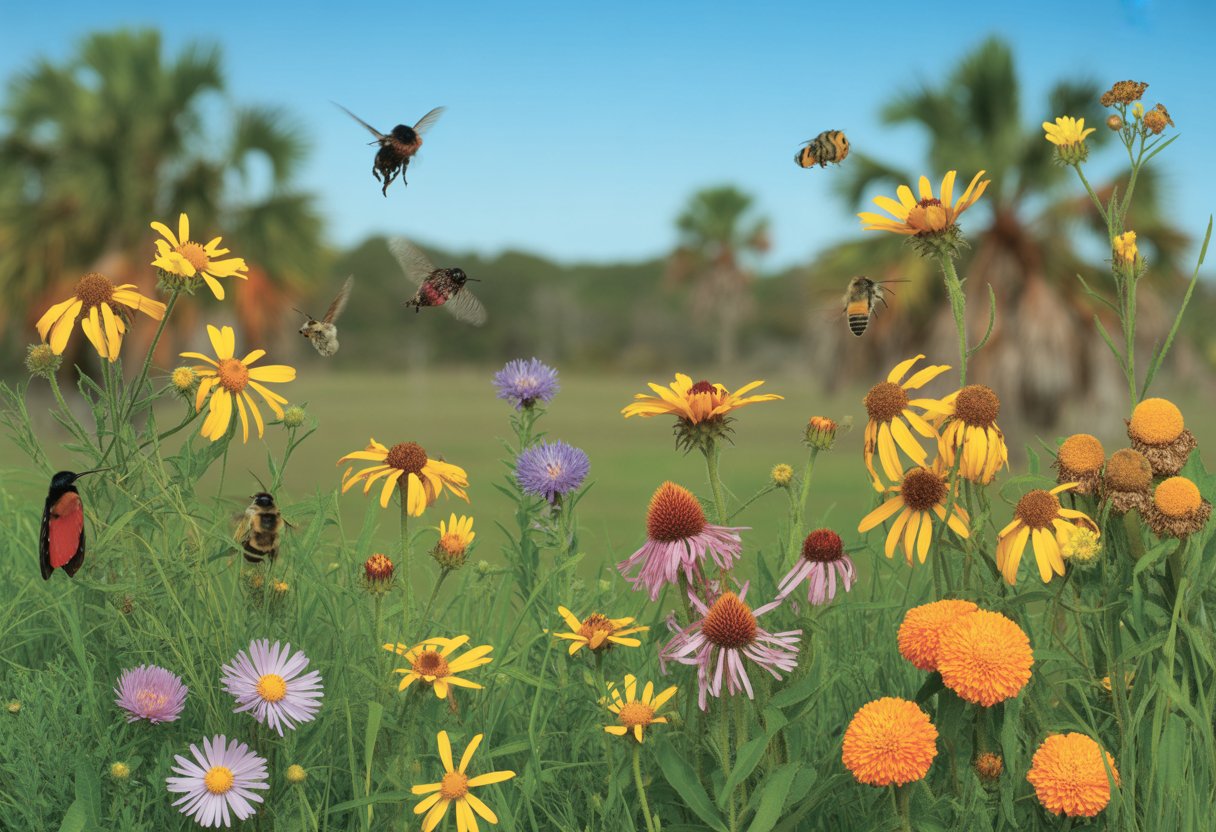 A wildflower meadow in Florida with colorful flowers and pollinators like bees and butterflies among the blooms under a clear blue sky.