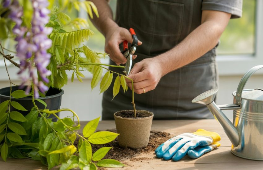 Hands cutting a wisteria stem with pruning shears next to a small pot of soil in a garden setting.
