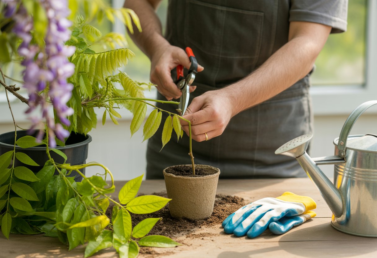 Hands cutting a wisteria stem with pruning shears next to a small pot of soil in a garden setting.