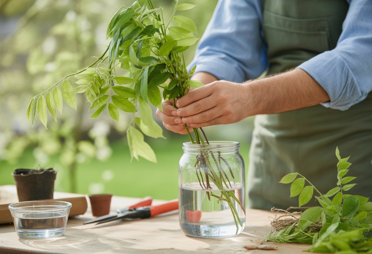 Hands placing wisteria cuttings into a jar of water for propagation in a garden setting.