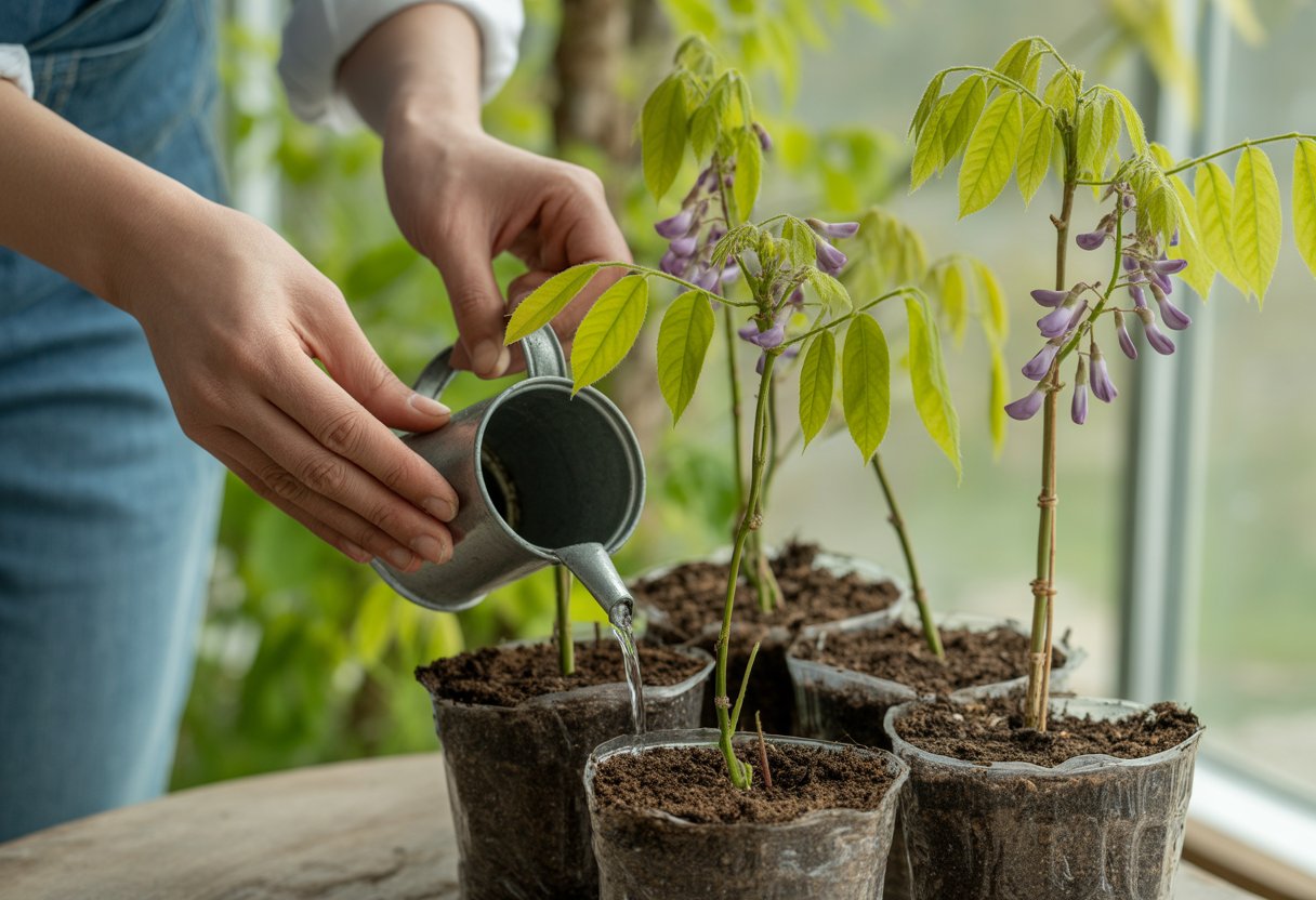 Hands caring for newly propagated wisteria plants in small pots with green leaves and purple buds.