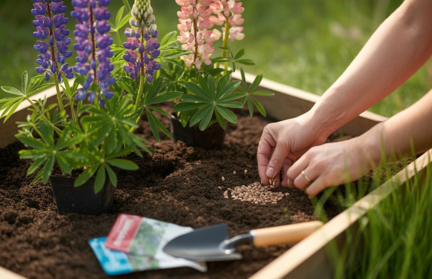 Hands planting lupine seeds in soil with gardening tools and blooming lupine plants in the background.