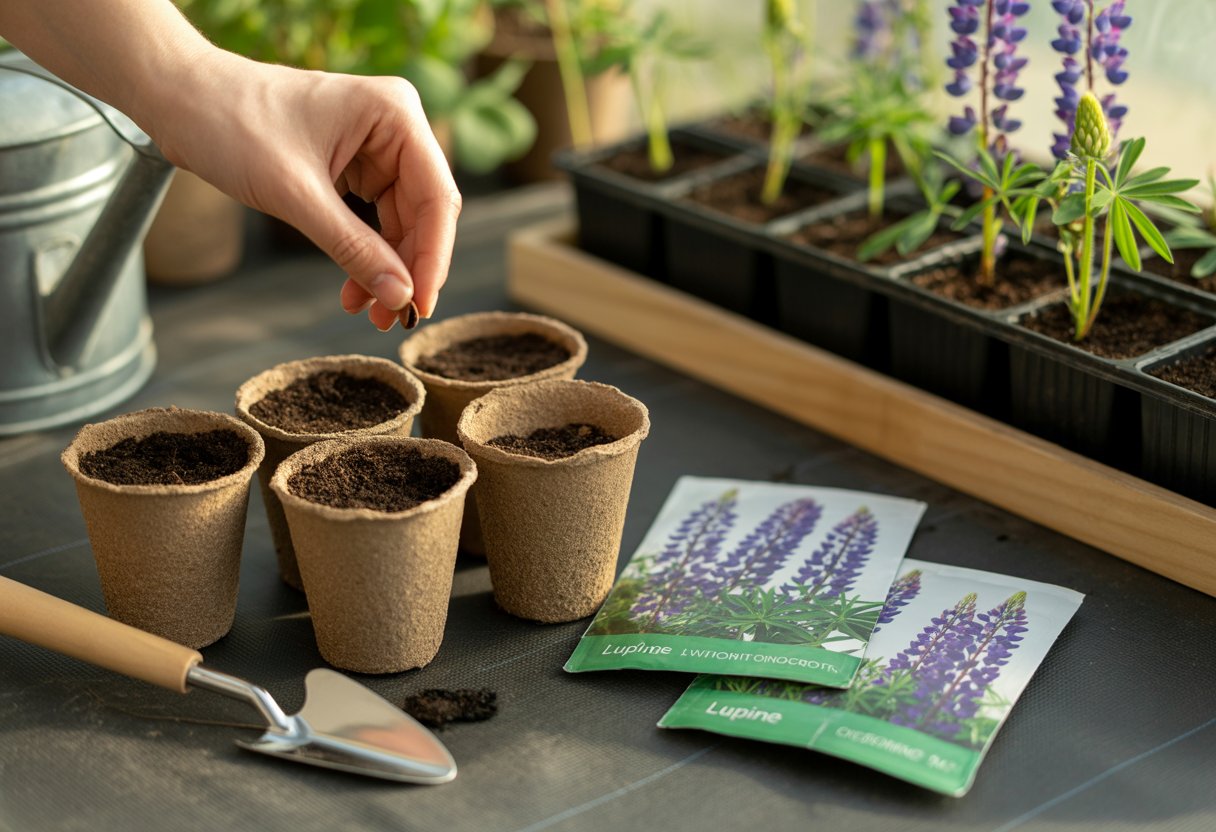 How to Propagate Lupine: A Step-by-Step Guide for Successful Growth - PlantNative.org Hands planting lupine seeds in small pots with soil, surrounded by gardening tools and young lupine seedlings in a greenhouse.