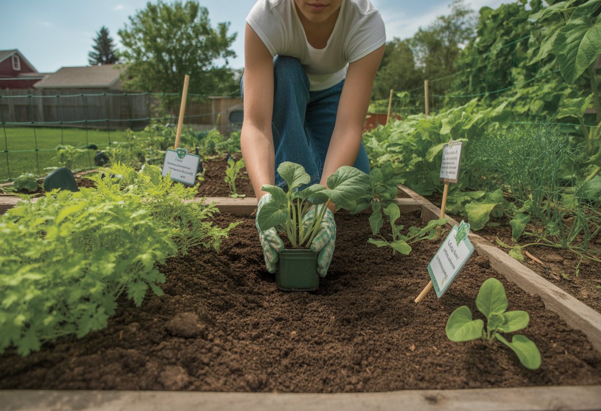 Hands planting vegetable seedlings in soil in a backyard garden with green plants and trees in the background.