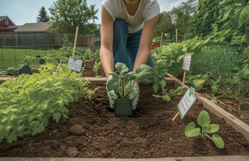 Hands planting vegetable seedlings in soil in a backyard garden with green plants and trees in the background.