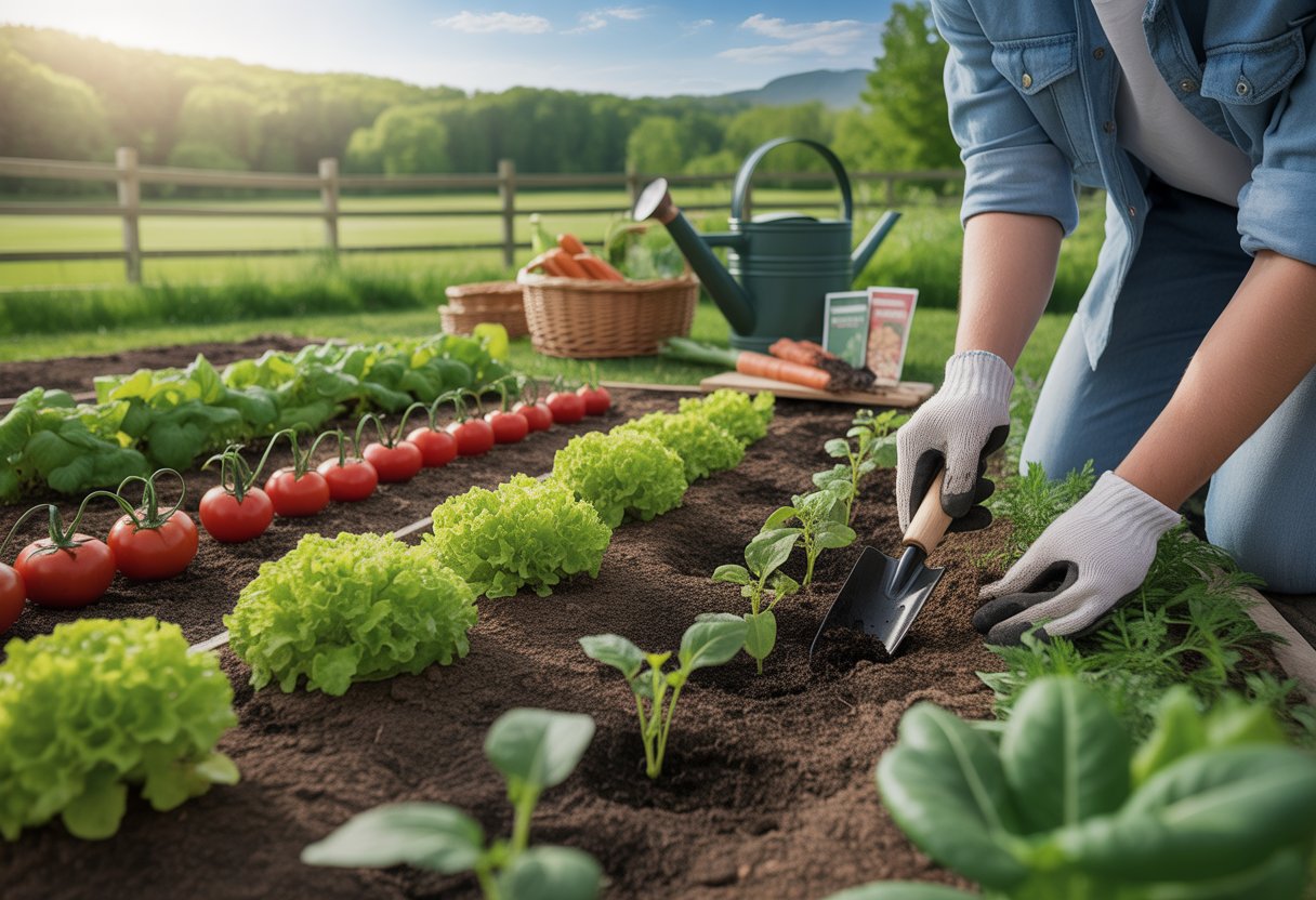 A person planting vegetables in a garden with rows of healthy plants and gardening tools nearby under a clear sky.
