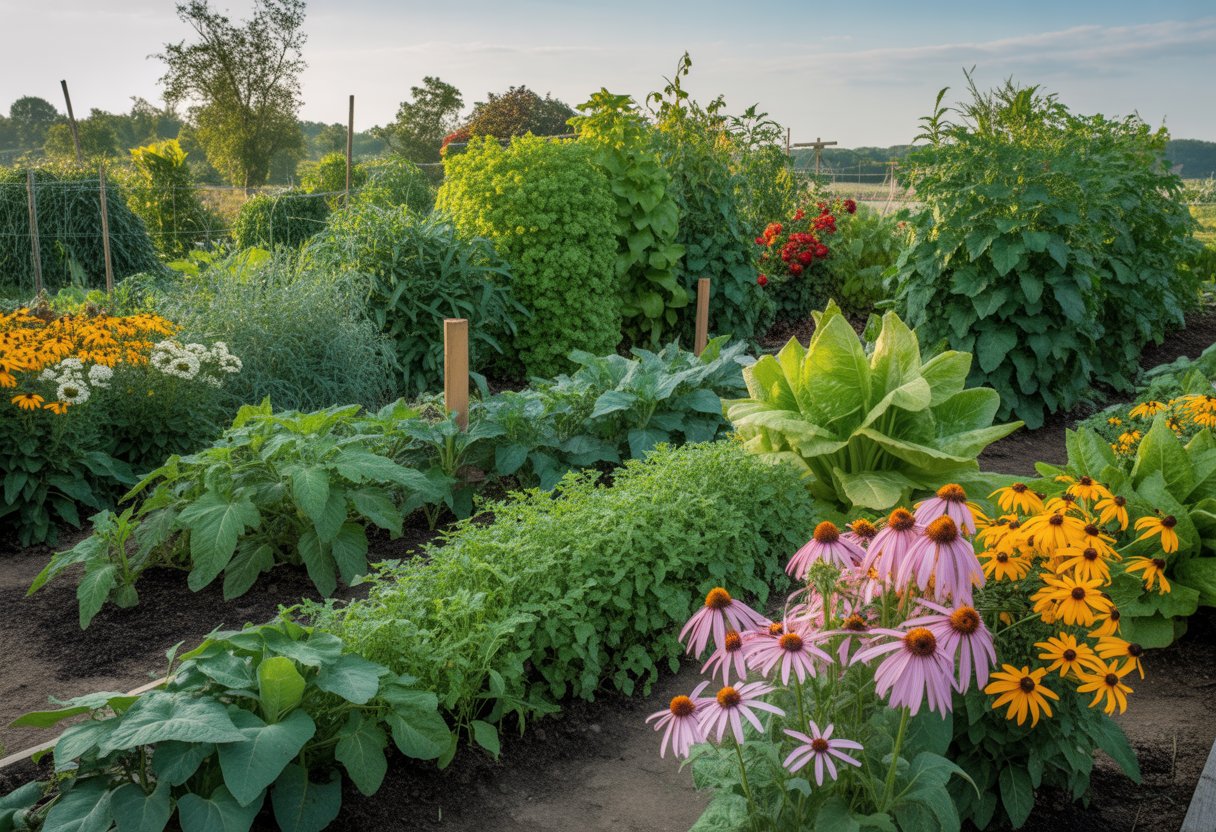 A vibrant vegetable garden with various vegetables, perennial flowers, and green plants growing in neat rows under a sunny sky.