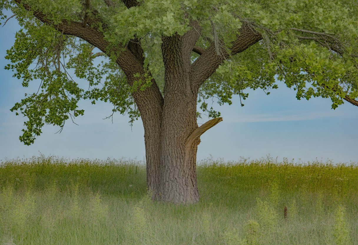 Native Tree for Nebraska: Top Species for Sustainable Landscapes - PlantNative.org A large Eastern Cottonwood tree standing in a green field with a clear blue sky overhead.