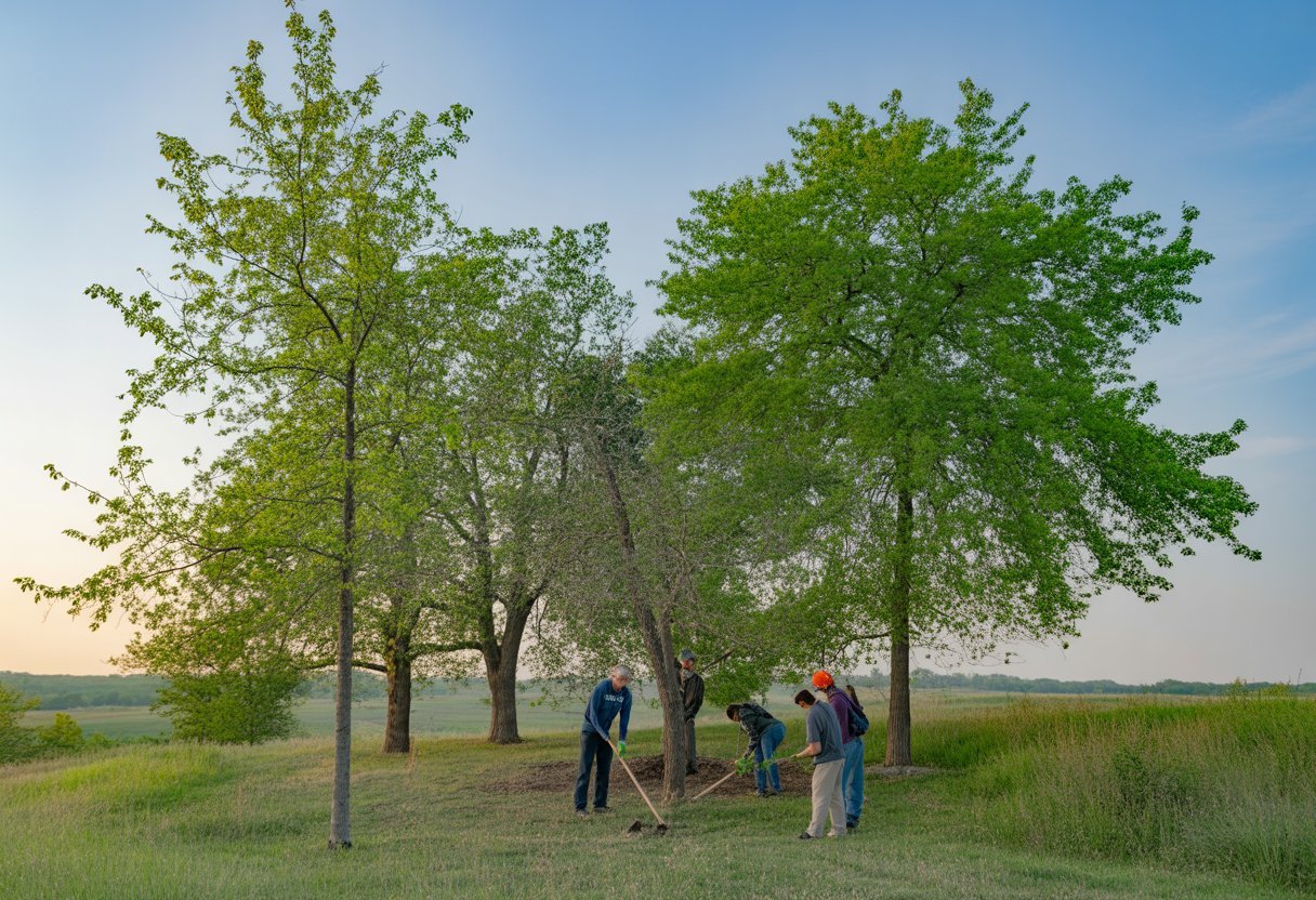 Native Tree for Nebraska: Top Species for Sustainable Landscapes - PlantNative.org People planting and caring for native Nebraska trees in a natural outdoor setting with green trees and a clear sky.