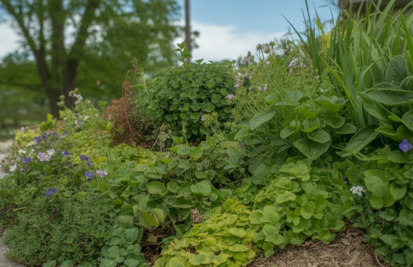 A garden bed with various green ground cover plants and small flowers growing closely together on a gentle slope.