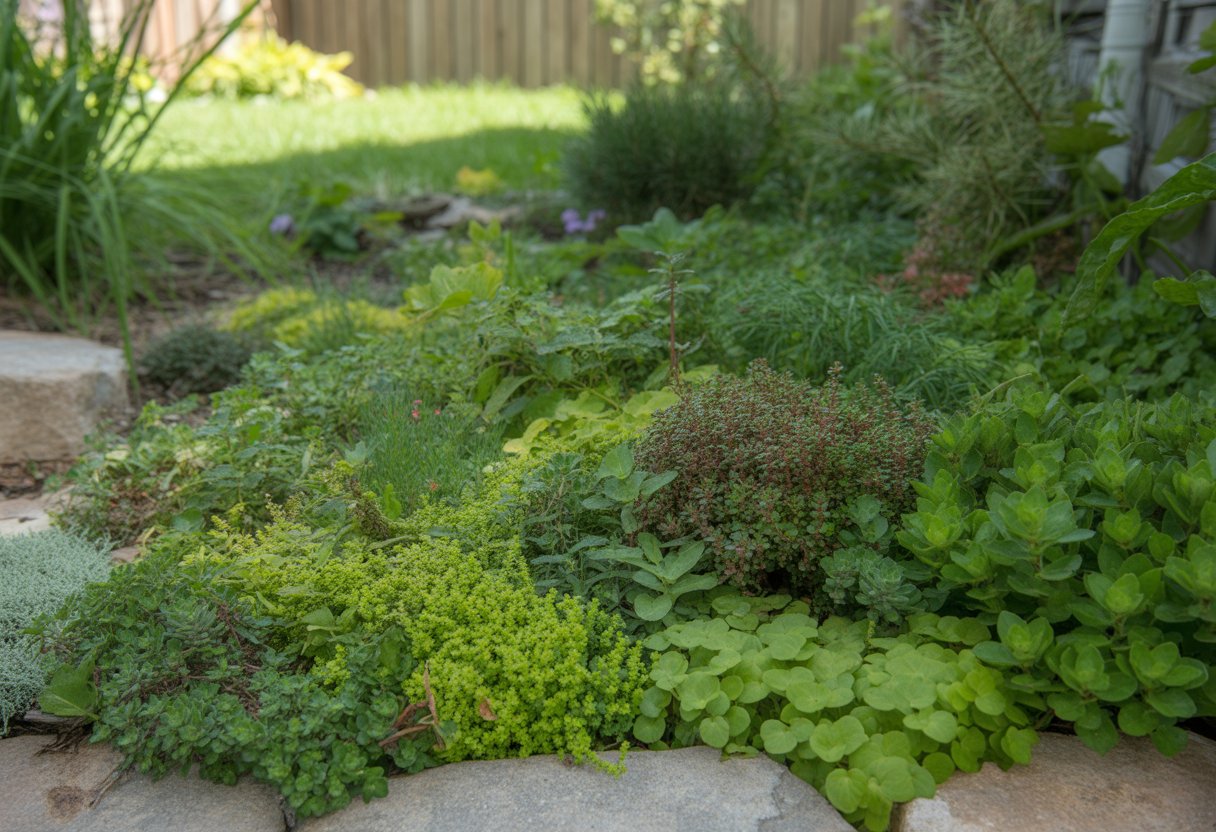 A garden bed filled with various green ground cover plants growing densely, bordered by natural stones, with a wooden fence and greenery in the background.