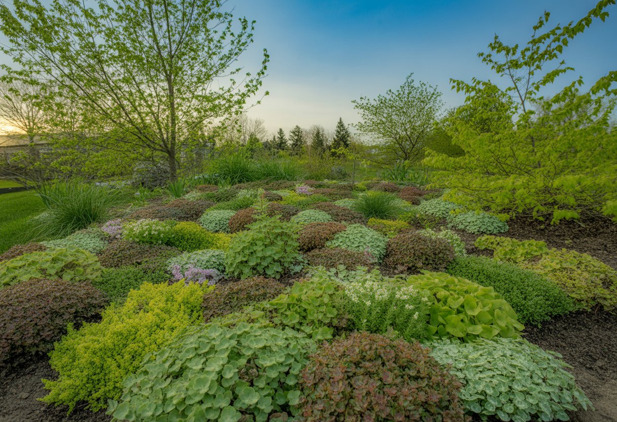 A garden bed filled with various healthy green ground cover plants and small flowers under clear blue sky with trees in the background.